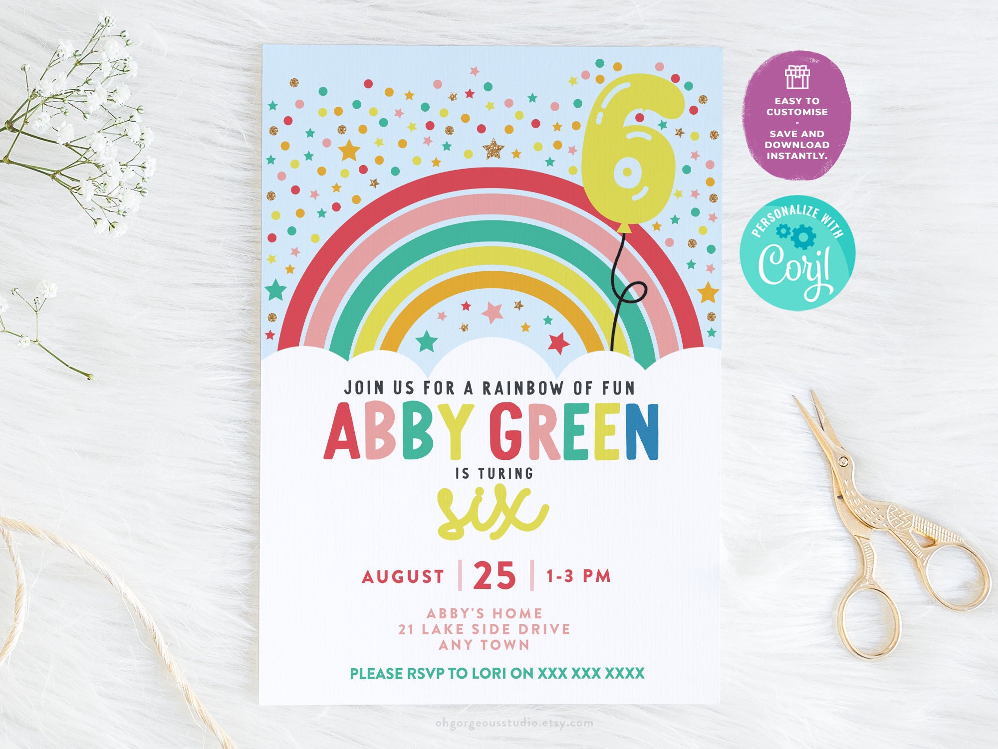 6th Birthday Party Invitation Rainbow Theme Party Invitation  