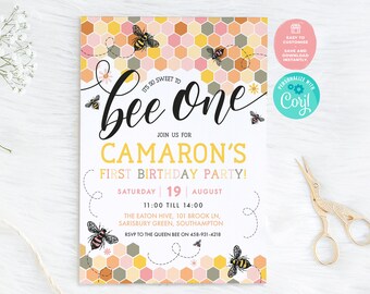 Editable Honey Bee 1st Birthday Invitation, Bumble Bee Party Invite, so ...