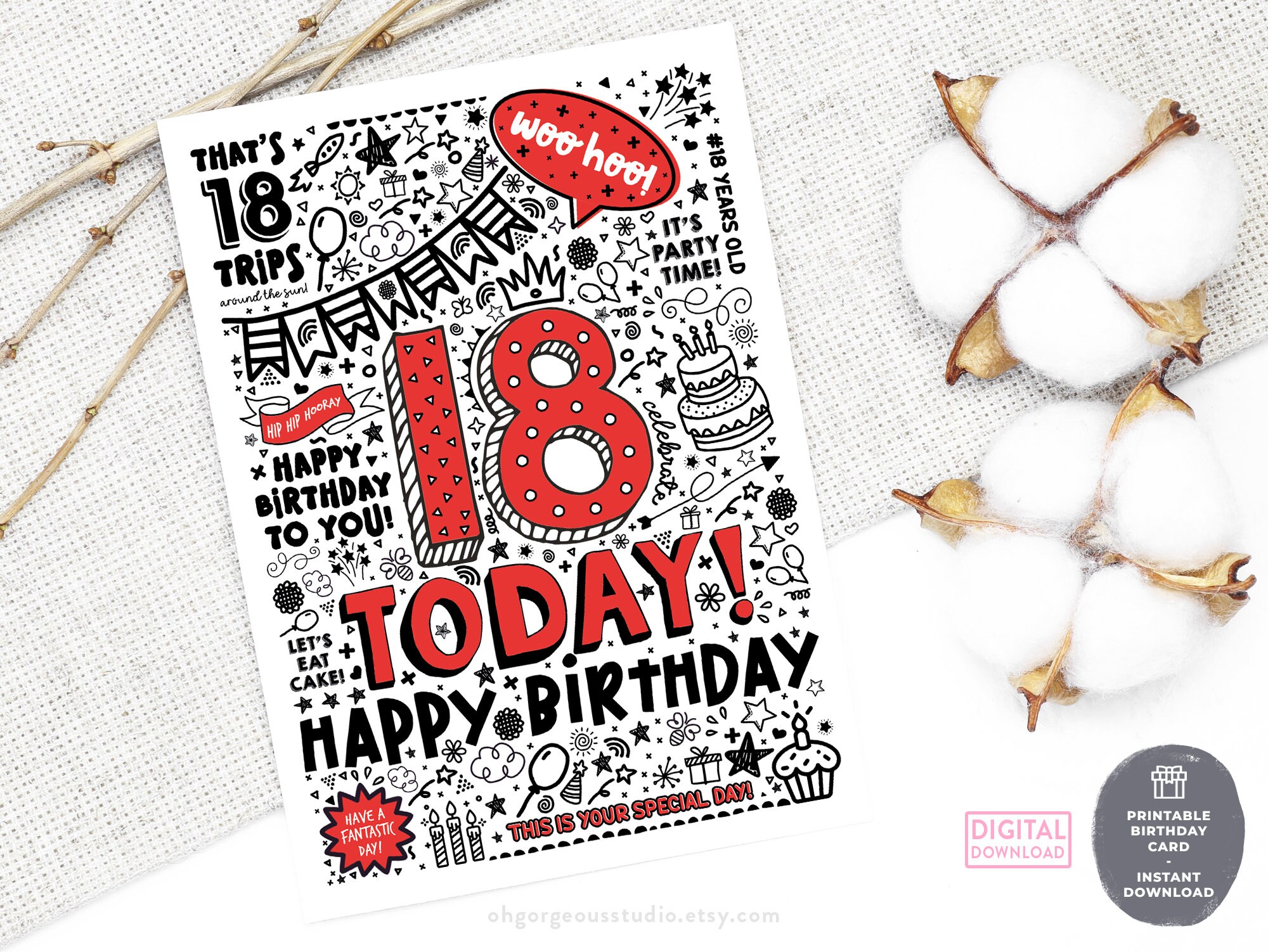 18th Printable Birthday Card 18 Today Birthday Downloadable Card ...