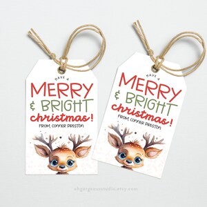 Druckbare Rentier-Geschenkanhänger, fröhliche und helle Rentier-Weihnachtsanhänger, Rentier-Geschenkanhänger, Klassenzimmerbevorzugung-Tag, druckbarer Sofort-Download