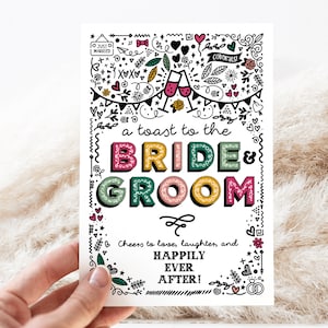 Carte de mariage des jeunes mariés | Carte de style griffonnage pour cadeaux de mariage, carte bordeaux vert émeraude imprimée à la maison, téléchargement numérique instantané.