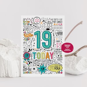 19e anniversaire imprimable | Carte téléchargeable d'anniversaire 19 aujourd'hui, carte d'anniversaire de Style Doodle, joyeux anniversaire, téléchargement immédiat