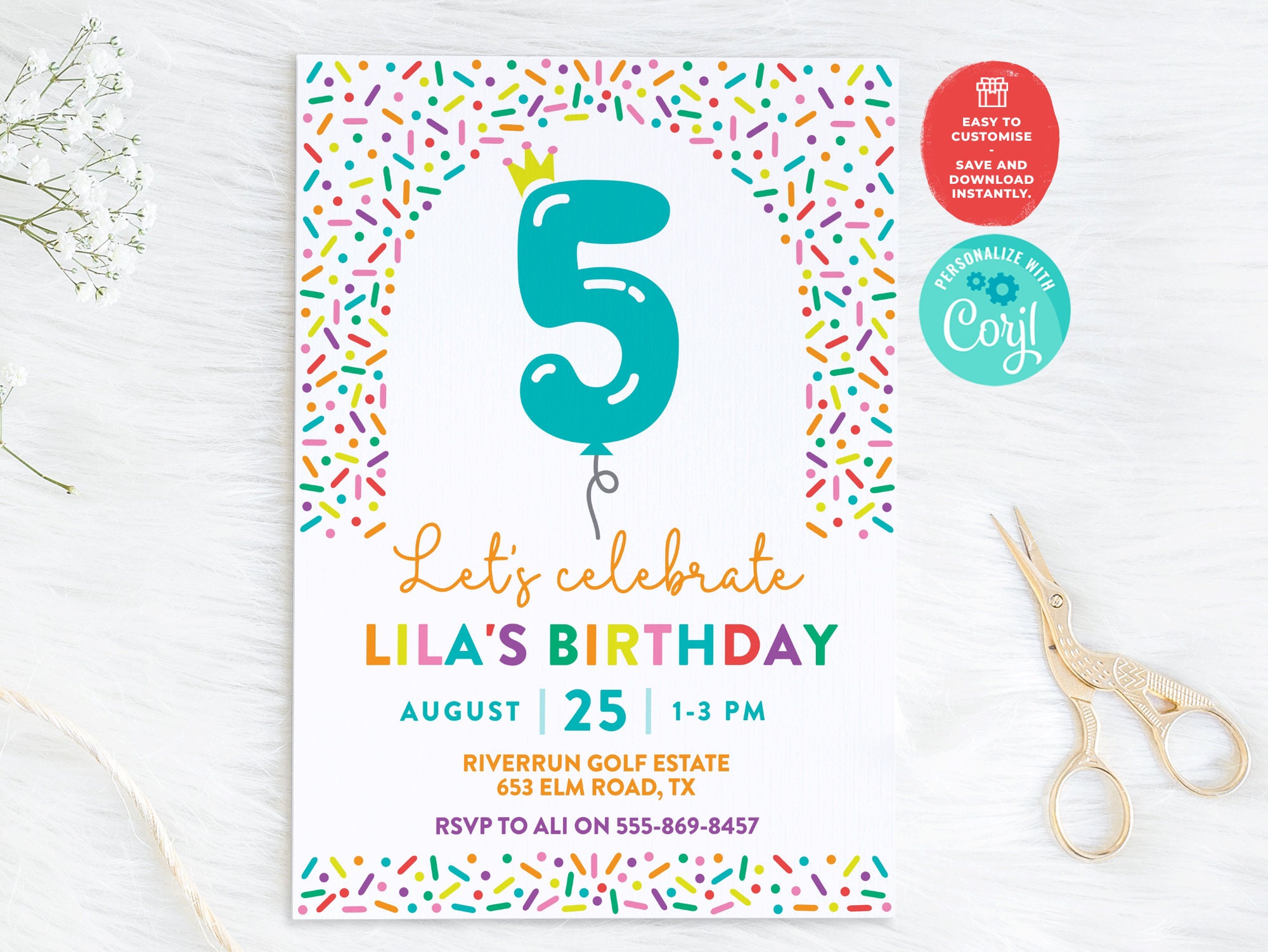 その他 HAPPY 2 Rainbow Confetti 5th Birthday Invitation: Editable Party Invite - Etsy