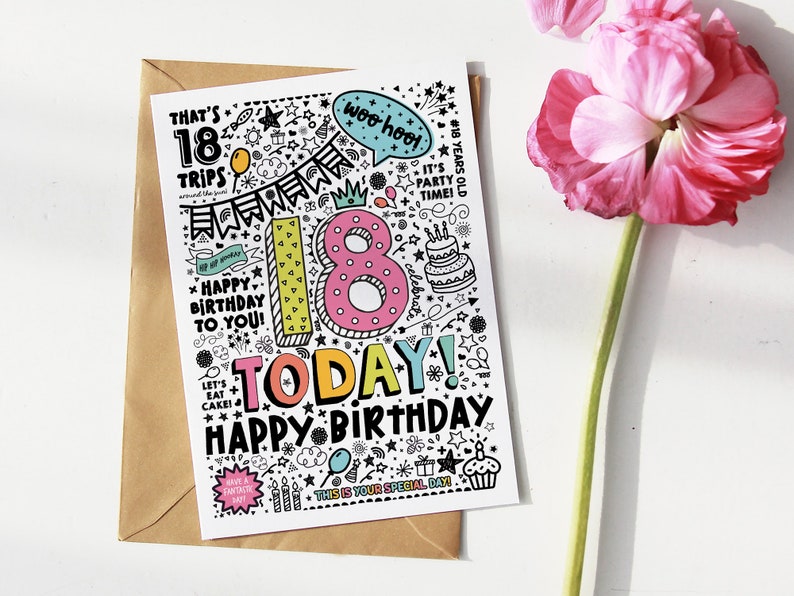 18th Birthday Card | Instant Download Printable Card For 18th Birthday, Digital Download, Print At Home, Doodle Style Birthday Card