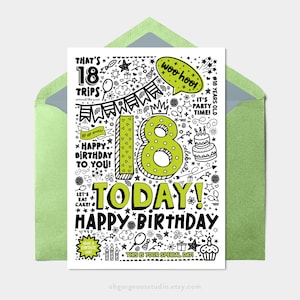 Druckbare Geburtstagskarte | 18 Today Birthday Herunterladbare Karte, Doodle Style Geburtstagskarte, Happy Birthday To You, Instant Download