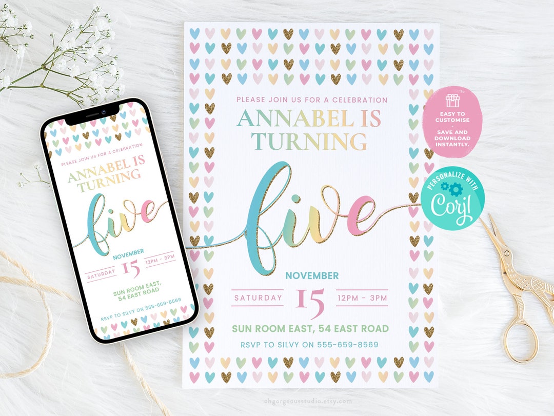 5th Birthday Invitation Template | Rainbow Hearts Invitation, Custom ...