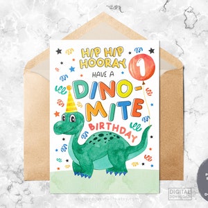 Cartão de aniversário imprimível do dinossauro | Cartão de primeiro aniversário, cartão de aniversário de Dino, download instantâneo, dinossauro de primeiro aniversário, aniversário de um ano