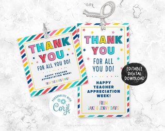 Printable Teacher Appreciation Gift Tag: Editable Thank You (Instant Download)