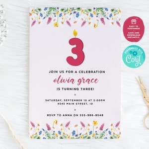 3rd Birthday Party Invitation | Editable Printable Flower Birthday Invitation, 3rd Birthday Invite, 3 Years Old Floral Birthday Invite