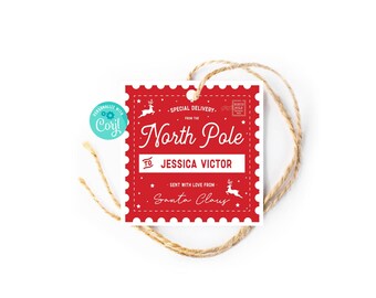 May include: Red and white Christmas gift tag with a North Pole postmark design. The tag says "Special Delivery from the North Pole" and "Sent with love from Santa Claus".
