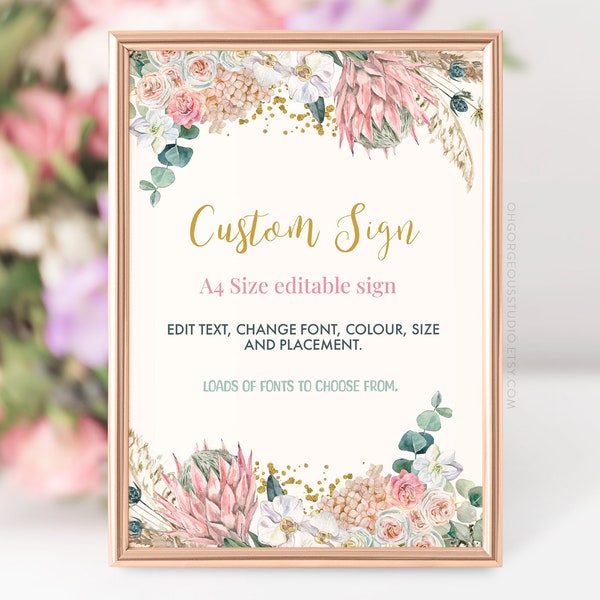 Floral Editable Sign Template | Custom Pink Floral Printable, Bridal Shower Sign, Baby Girl Shower Sign, Engagement, Feminine Flowers
