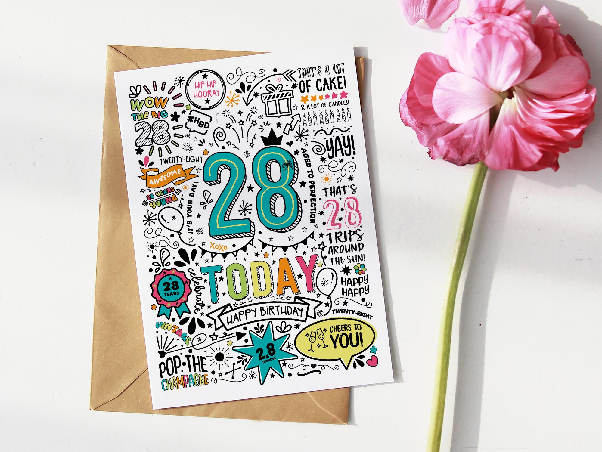 28th Birthday Card: Doodle Style Printable (digital Download) - Etsy