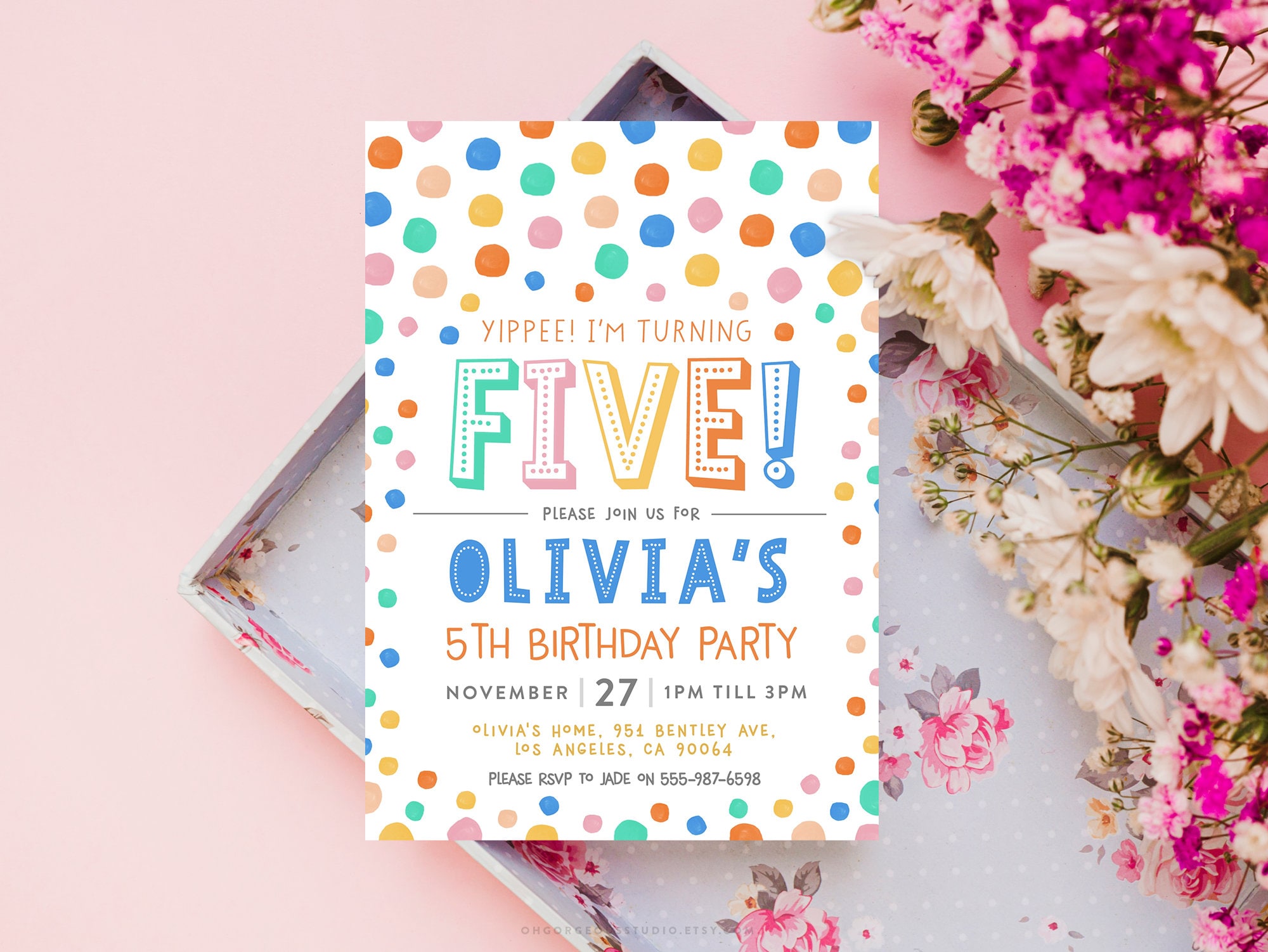 5th Birthday Invitation Yippee I'm Five Editable Party Template