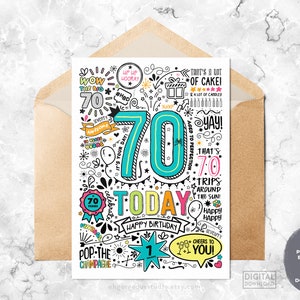 Druckbare Geburtstagskarte | 70 Today Birthday Herunterladbare Karte, Doodle Style Geburtstagskarte, Happy Birthday To You, Instant Download