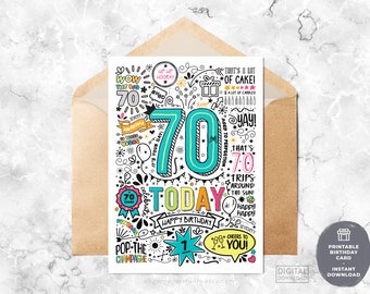 70th Printable Birthday Card | 70 Today Birthday Downloadable Card, Doodle Style Birthday Card, Happy Birthday To You, Instant Download