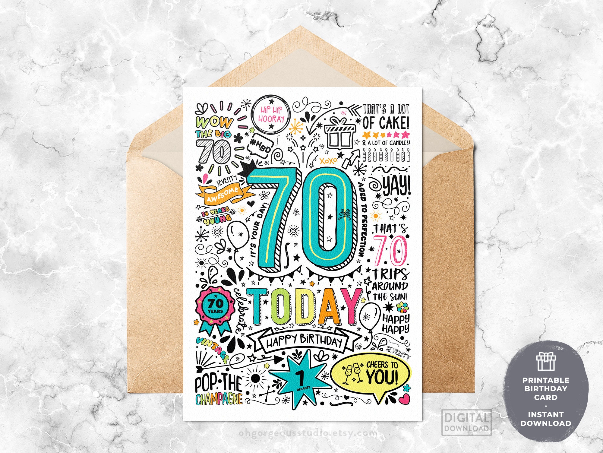 70th Printable Birthday Card 70 Today Birthday Downloadable Card, Doodle Style Birthday Card, Happy Birthday to You, Instant Download - Etsy