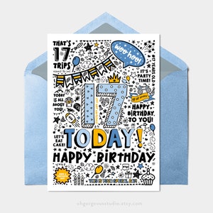 Tarjeta de cumpleaños número 17 imprimible / Tarjeta imprimible de descarga instantánea para el cumpleaños número 17, Descarga digital, Tarjeta de cumpleaños imprimible estilo Doodle