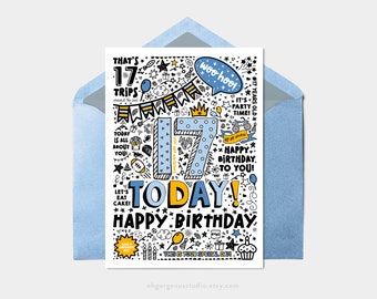 Biglietto stampabile per il 17° compleanno/Cartolina stampabile con download istantaneo per il 17° compleanno, Download digitale, Biglietto d'auguri stampabile in stile Doodle