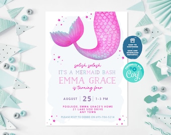 Editable Mermaid Birthday Invitation | Mermaid Invite, Under the Sea Birthday Party, Printable Template, Splish Splash Its a Mermaid Bash