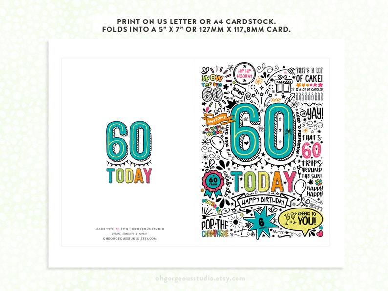 60th Printable Birthday Card 60 Today Birthday Downloadable Card ...