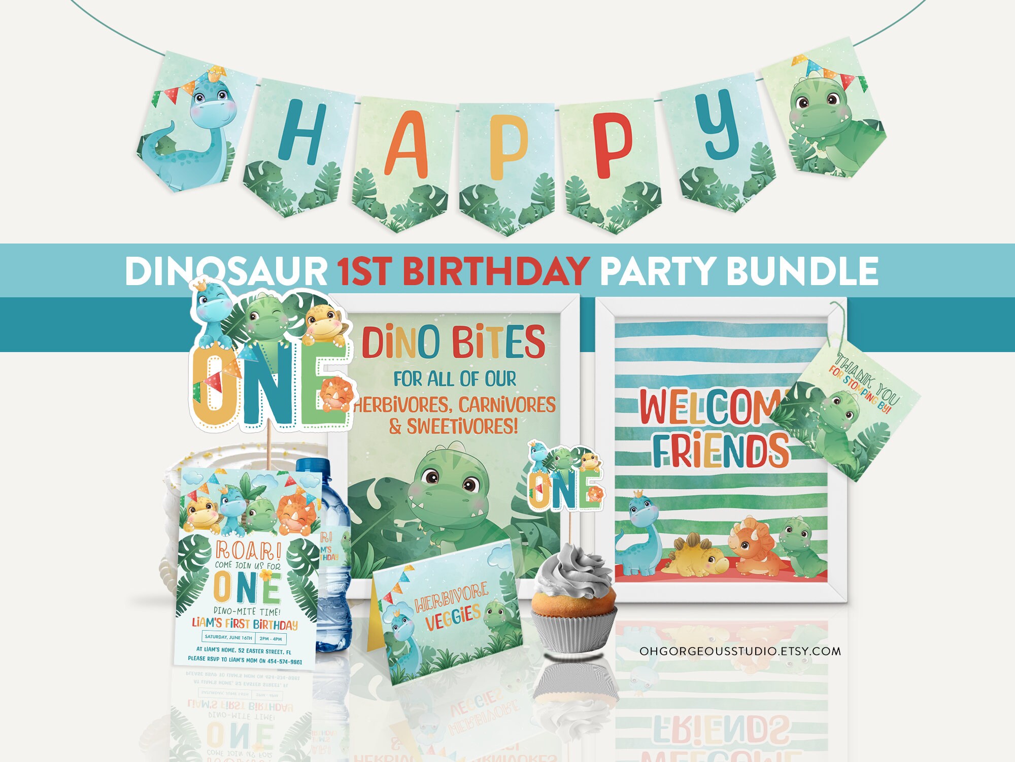 Editable Dinosaur First Birthday Party Bundle Baby Dinosaur - Etsy