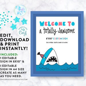 Shark Birthday Sign: Jawsome Pool Party Decor (Printable Editable Sign)