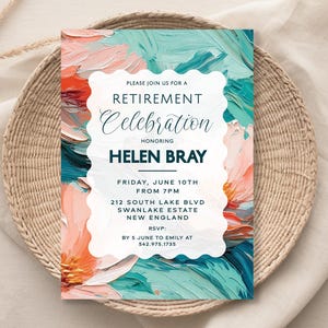 Modern Retirement Invitation, Editable Retirement Invite Template for Women, Bright Paint Style Flower Invitation Template For Retirement
