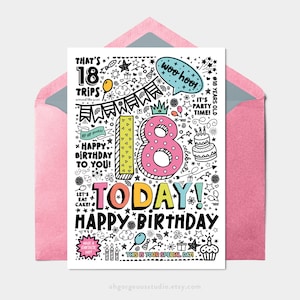 Cartão de aniversário de 18 anos imprimível | Cartão para impressão com download instantâneo para aniversário de 18 anos, download digital, cartão de aniversário para impressão estilo Doodle