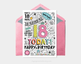 Printable 18th Birthday Card | Instant Download Printable Card For 18th Birthday, Digital Download, Doodle Style Printable Birthday Card