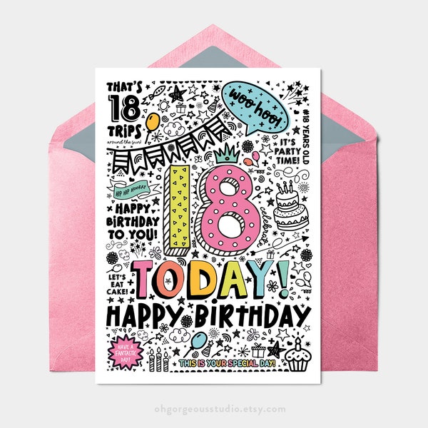 Druckbare 18. Geburtstagskarte | Sofortiger Download Druckbare Karte für 18. Geburtstag, digitaler Download, Doodle Stil druckbare Geburtstagskarte
