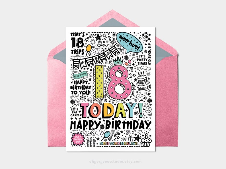 18th Birthday Card | Instant Download Printable Card For 18th Birthday, Digital Download, Print At Home, Doodle Style Birthday Card