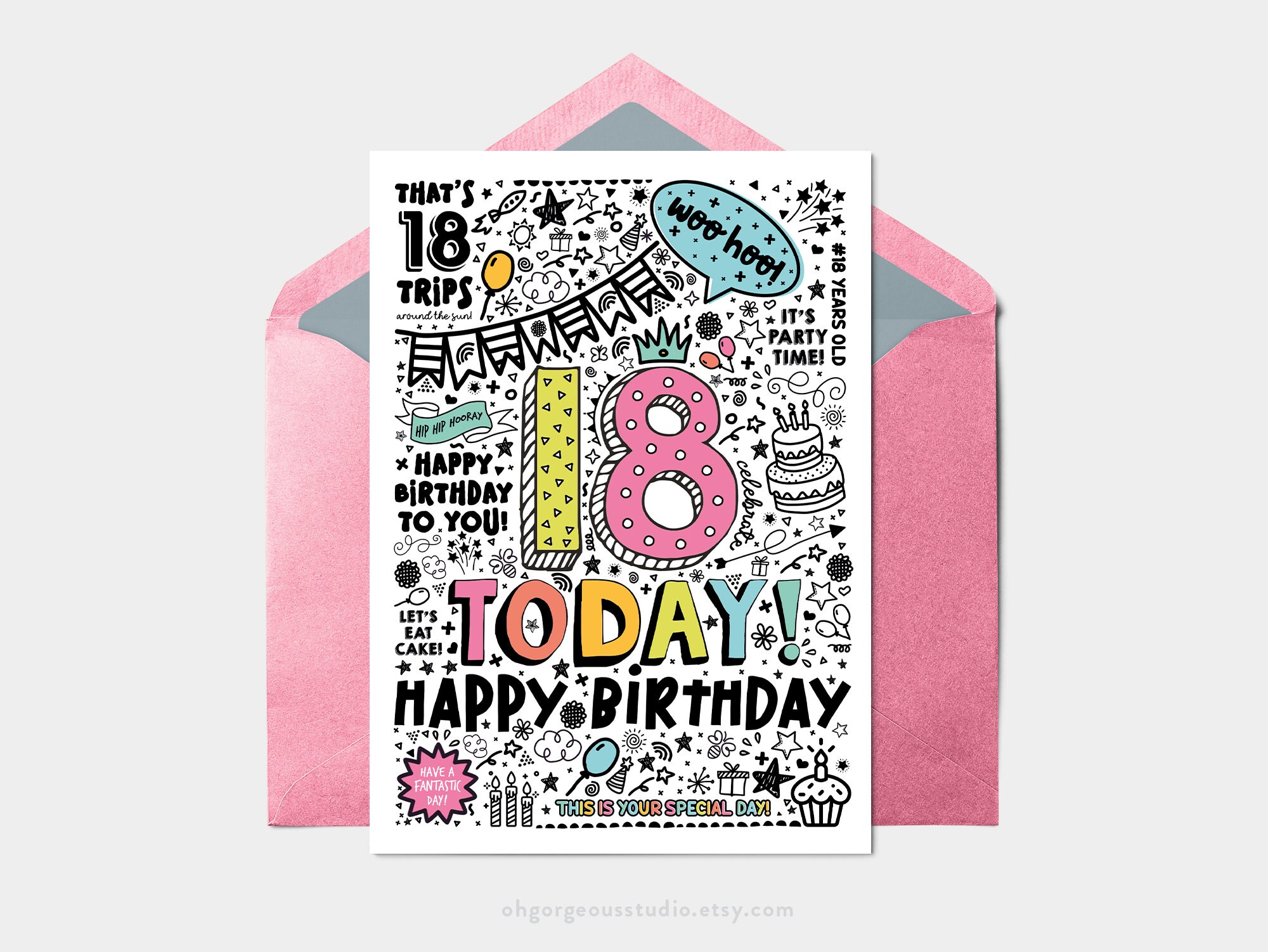 Printable 18th Birthday Card Instant Download Printable Card for 18th Birthday, Digital Download, Doodle Style Printable Birthday Card - Etsy