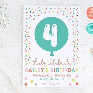 Invitación de confeti para 4.º cumpleaños: Invitación editable para fiesta de globos (Descarga digital)