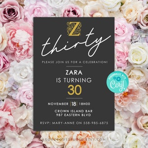30th Birthday Invitation Template | 30th Party Black Invitations, Printable Invitations, Black and Gold Invitation, 30th Birthday Invite