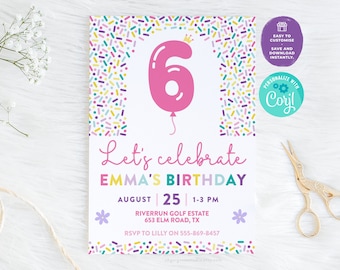 6th Birthday Invitation | Sprinkles Party, Printable Birthday Invitation, 6th Birthday Invite, Invitation For Girls