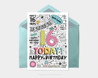 Printable 16th Birthday Card | Instant Download Printable Card For 16th Birthday, Digital Download, Doodle Style Printable Birthday Card