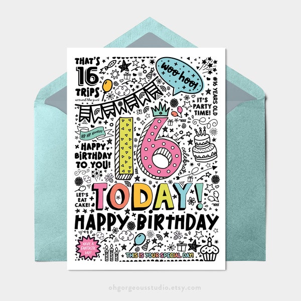 Printable 16th Birthday Card | Instant Download Printable Card For 16th Birthday, Digital Download, Doodle Style Printable Birthday Card
