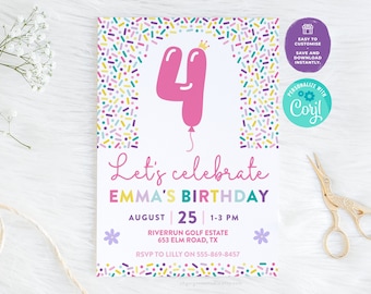 4th Birthday Confetti Party Invitation | Editable Printable Birthday Invitation, 4th Birthday Invite, 4 Years Old Balloon Birthday Invite