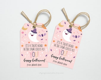 May include: Pink Halloween gift tags with a ghost wearing a witch hat and the text "It's a treat being in the same class as you! Happy Halloween! From. Milandi-Anne"