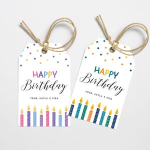 Printable Happy Birthday Gift Tag Template, Colourful BDay Candles Favor Tag, Gift Hang Tag Editable Rainbow Birthday Tags, Instant Download