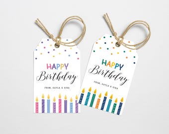 May include: Two colorful gift tags with the text "Happy Birthday" and a row of candles. The tags are white with confetti and the text "From: Kayla & Kira".