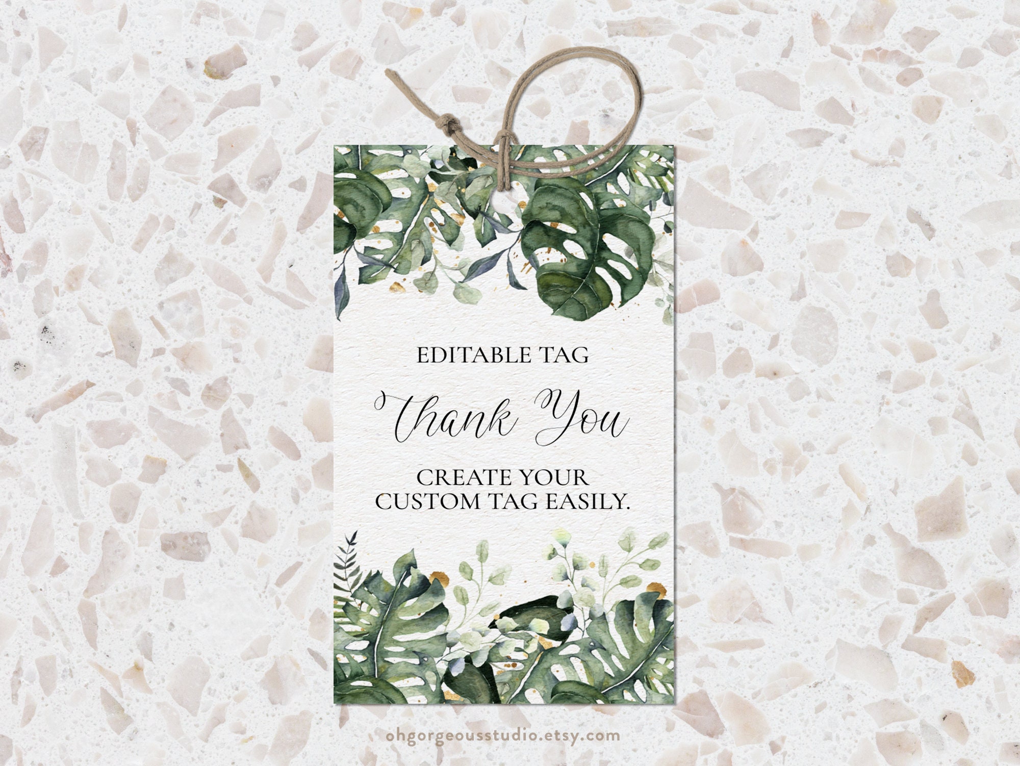 Monstera Leaf Thank You Tag: Editable Greenery Favor Label (2x3.5