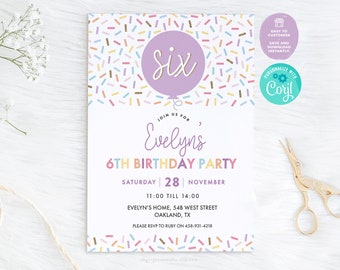 Pretty Sprinkles 6th Birthday Invitation | Pastel Coloured Sprinkles Invite, 6th Birthday Balloon Invitation, Editable Party Invite For Girl