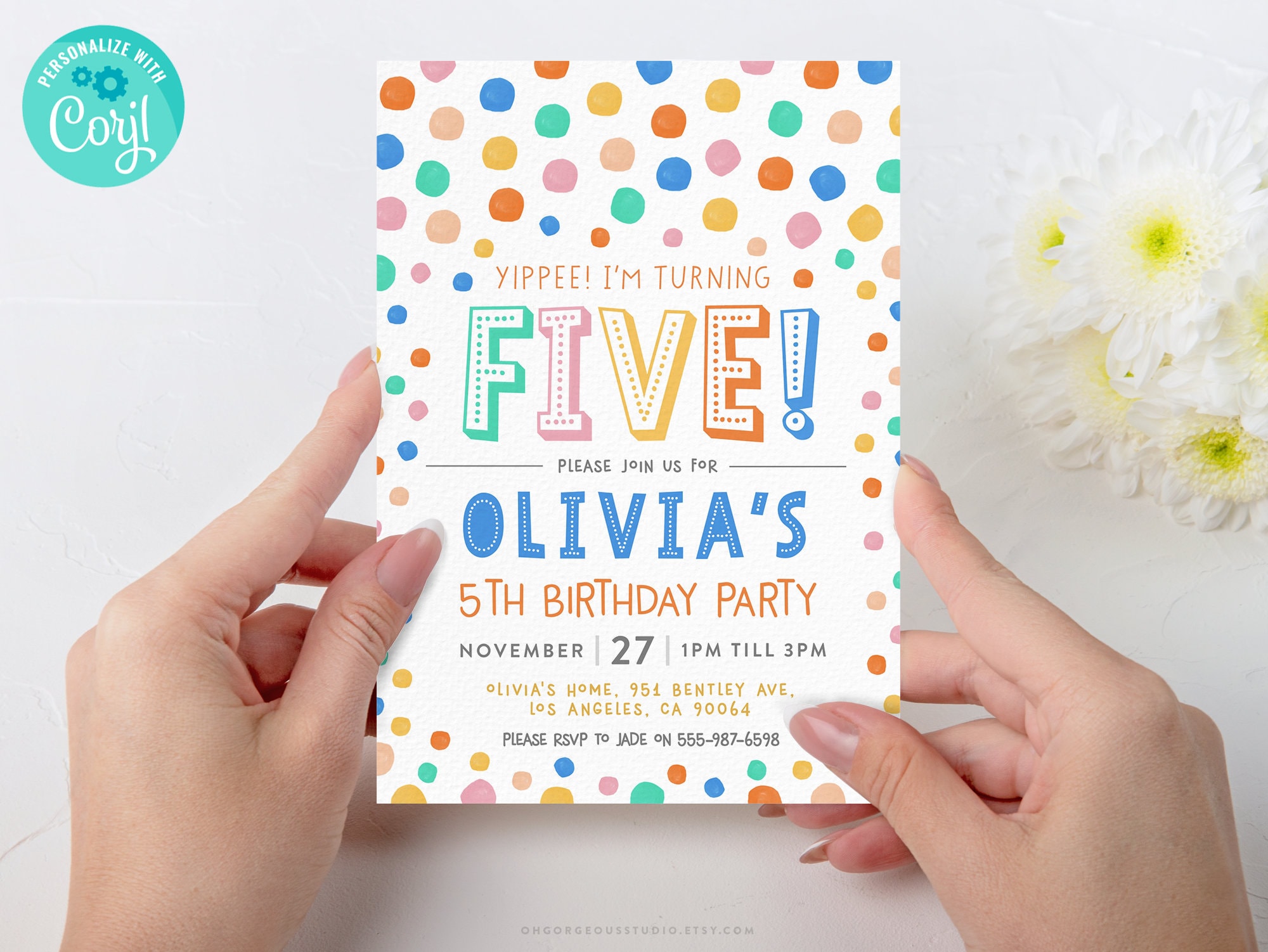 5th Birthday Invitation Yippee I'm Five Editable Party Template