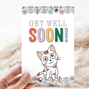 Cartão de melhoras com gato fofo | Cartão para impressão para amigos e familiares, cartão para se sentir melhor, download digital instantâneo, cartão de recuperação rápida