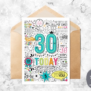 Carte 30e anniversaire | Carte d'anniversaire imprimable pour elle, carte d'anniversaire imprimable pour lui, joyeux 30e anniversaire, trente aujourd'hui, téléchargement immédiat