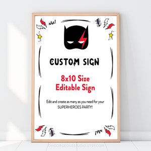 Superhero Custom Sign | Superhero Birthday, Hero Party, Editable Sign, Superheroes Sign, Editable Party Sign Template, Birthday Printable