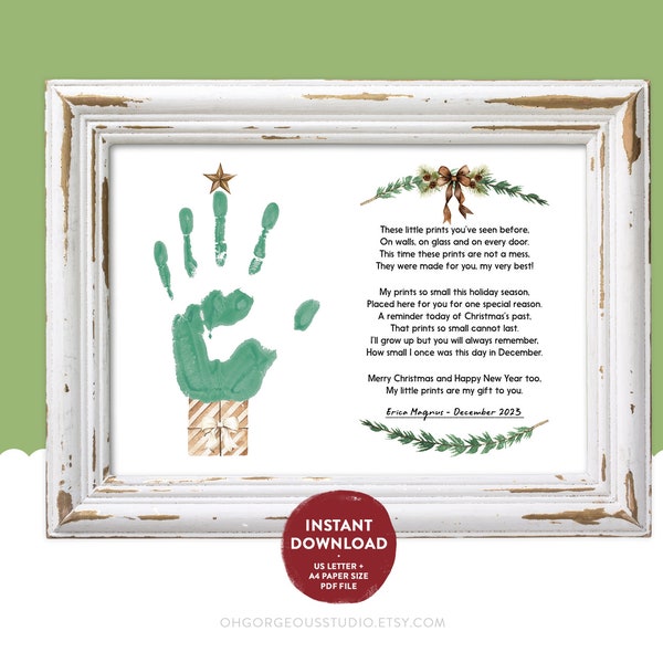 Christmas Tree Handprint Kids Craft | First Christmas Printable, Toddler Baby Keepsake, DIY Kindergarten Class Gifts For Parent Grandparent