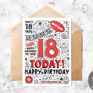 18e carte d’anniversaire imprimable | Carte téléchargeable d’anniversaire de 18 aujourd’hui, carte d’anniversaire de style Doodle, joyeux anniversaire à vous, téléchargement instantané