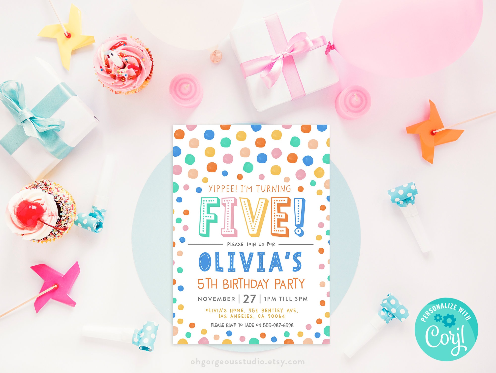 5th Birthday Invitation Yippee I'm Five Editable Party Template
